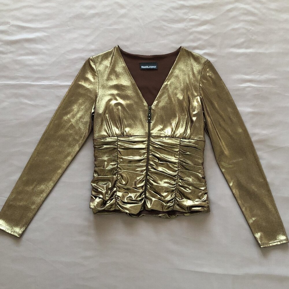 Bronze Metallic V-Neck Zipper Front Top